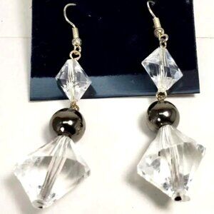 Clear Bead Drop Earrings w/ Silver tone Accent Modern Statement Dangle Jewelry